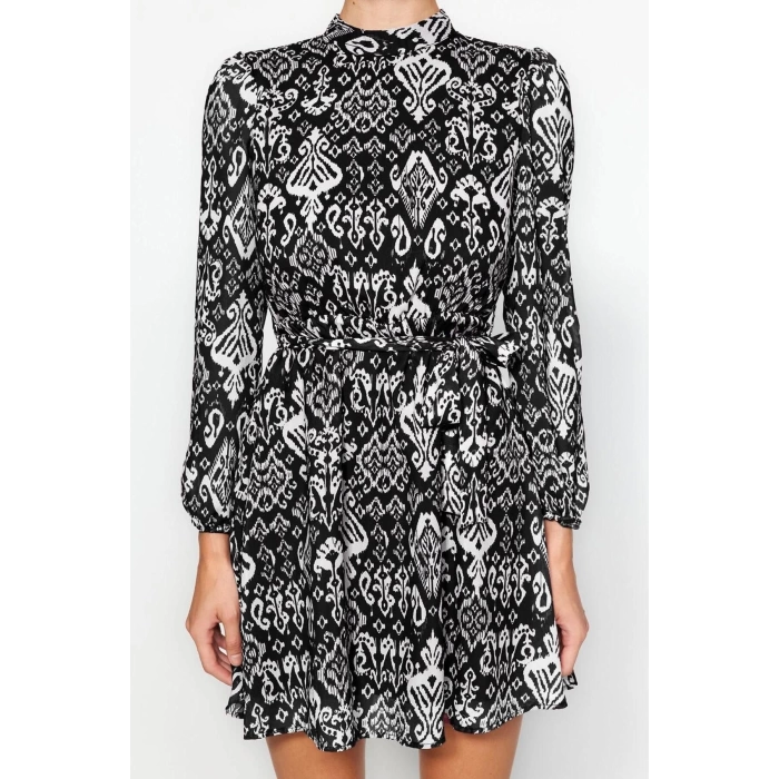 Women Fashion Stylish Mini Length Stand Collar Regular Ethnic Woven Winter Dress