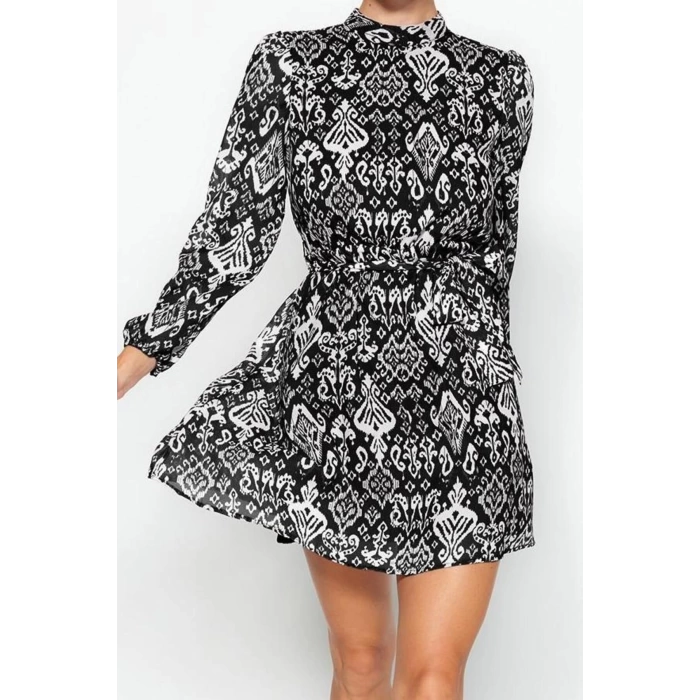 Women Fashion Stylish Mini Length Stand Collar Regular Ethnic Woven Winter Dress