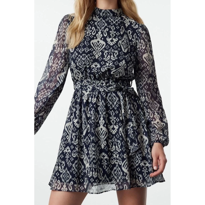Women Fashion Stylish Mini Length Stand Collar Regular Ethnic Woven Winter Dress