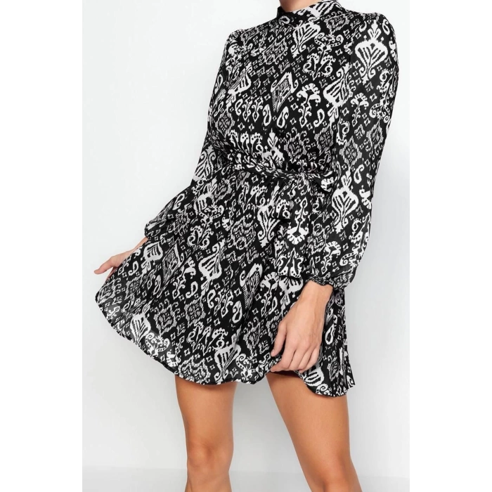 Women Fashion Stylish Mini Length Stand Collar Regular Ethnic Woven Winter Dress