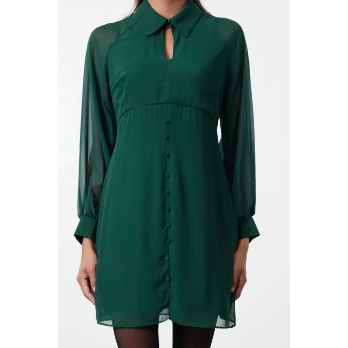 Kadın Moda Şık Mini Boy Gömlek Yaka Regular Düz Dokuma Kışlık Elbise