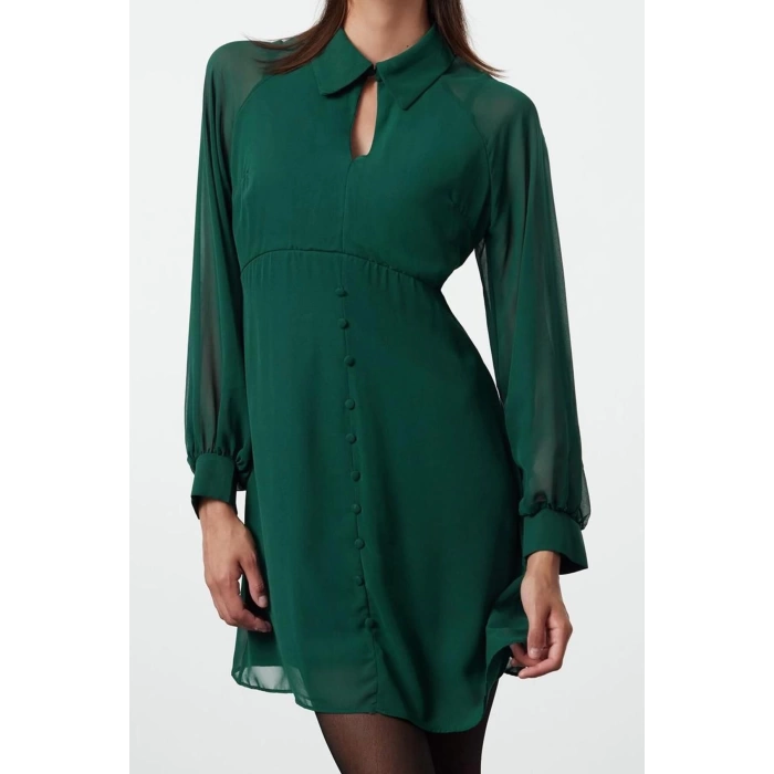 Kadın Moda Şık Mini Boy Gömlek Yaka Regular Düz Dokuma Kışlık Elbise