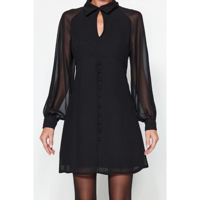 Kadın Moda Şık Mini Boy Gömlek Yaka Regular Düz Dokuma Kışlık Elbise