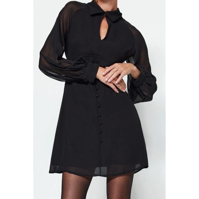 Kadın Moda Şık Mini Boy Gömlek Yaka Regular Düz Dokuma Kışlık Elbise