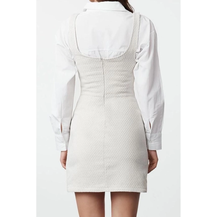 Kadın Moda Şık Mini Boy Kare Yaka Regular Düz Dokuma Elbise