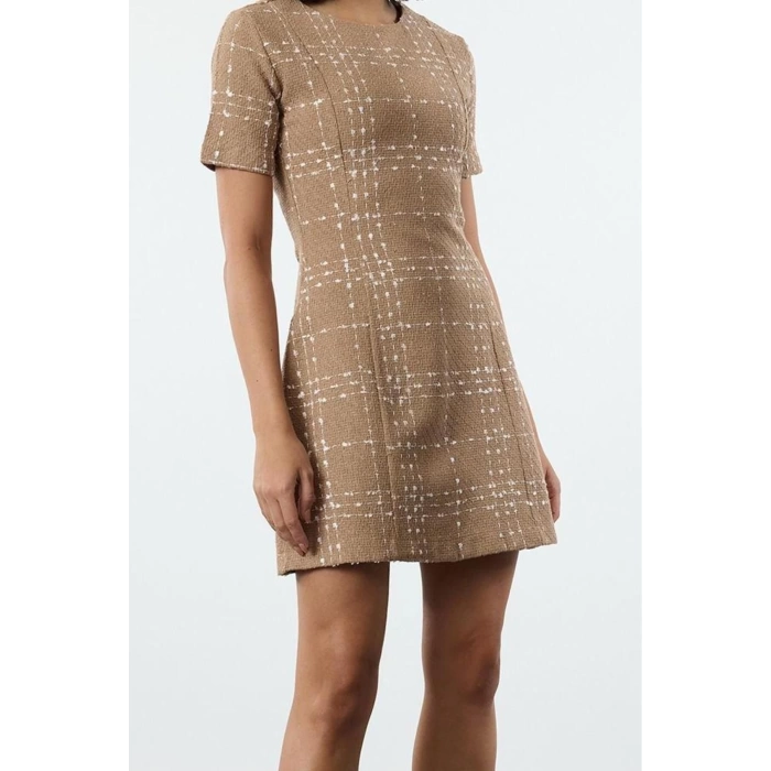 Women Fashion Stylish Mini Length Crew Neck Regular Plaid Checkered Straight Cut Tweed Woven Dress