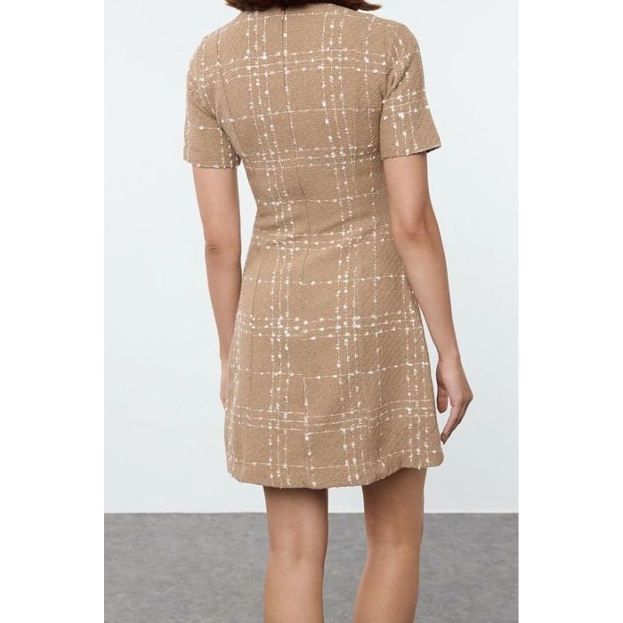 Women Fashion Stylish Mini Length Crew Neck Regular Plaid Checkered Straight Cut Tweed Woven Dress