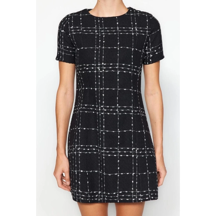 Women Fashion Stylish Mini Length Crew Neck Regular Plaid Checkered Straight Cut Tweed Woven Dress