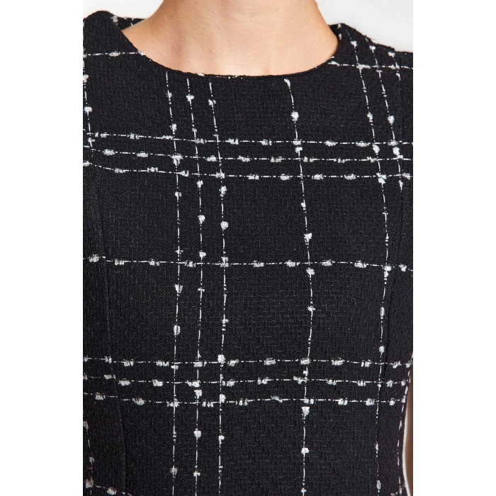 Women Fashion Stylish Mini Length Crew Neck Regular Plaid Checkered Straight Cut Tweed Woven Dress