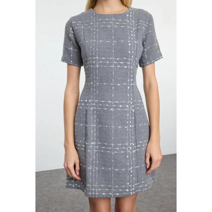 Women Fashion Stylish Mini Length Crew Neck Regular Plaid Checkered Straight Cut Tweed Woven Dress