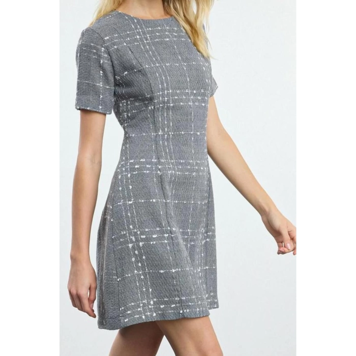 Women Fashion Stylish Mini Length Crew Neck Regular Plaid Checkered Straight Cut Tweed Woven Dress