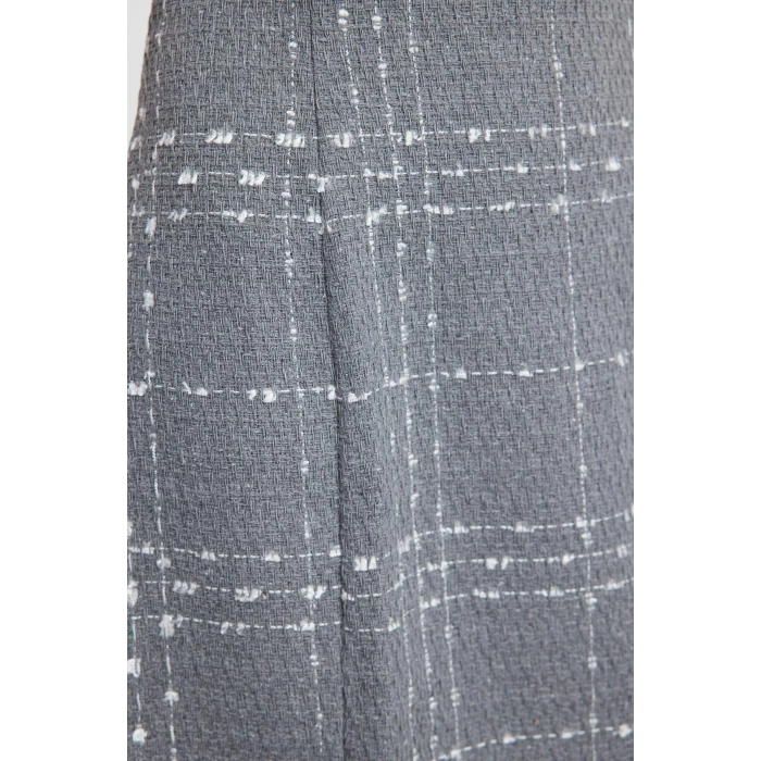 Women Fashion Stylish Mini Length Crew Neck Regular Plaid Checkered Straight Cut Tweed Woven Dress