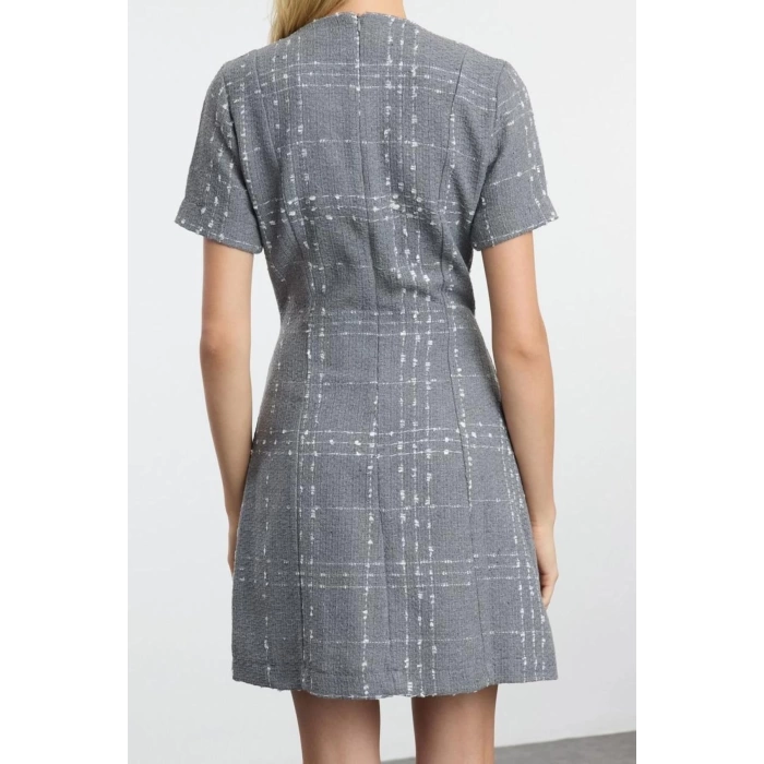 Women Fashion Stylish Mini Length Crew Neck Regular Plaid Checkered Straight Cut Tweed Woven Dress