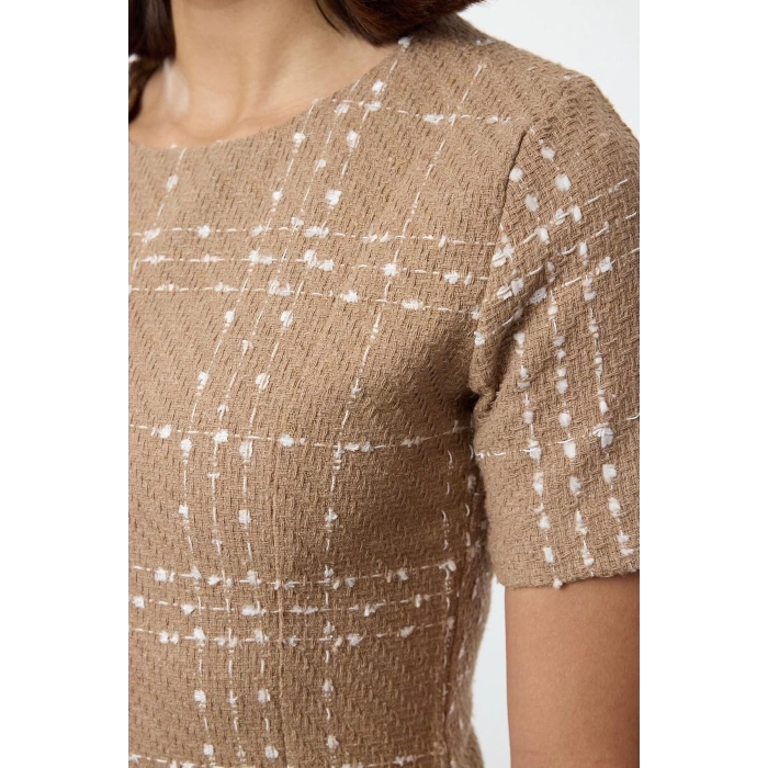 Women Fashion Stylish Mini Length Crew Neck Regular Plaid Checkered Straight Cut Tweed Woven Dress