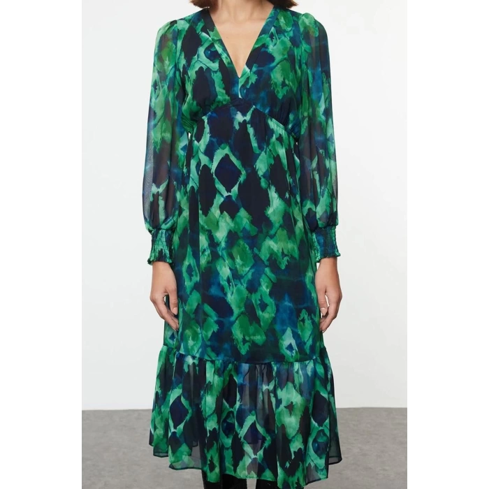 Women Fashion Stylish Midi Length V Neck Regular Abstract Patterned Waist Open Lined Chiffon Woven Dress