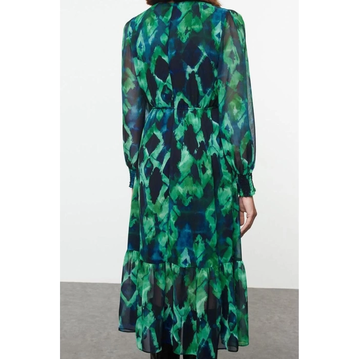 Women Fashion Stylish Midi Length V Neck Regular Abstract Patterned Waist Open Lined Chiffon Woven Dress