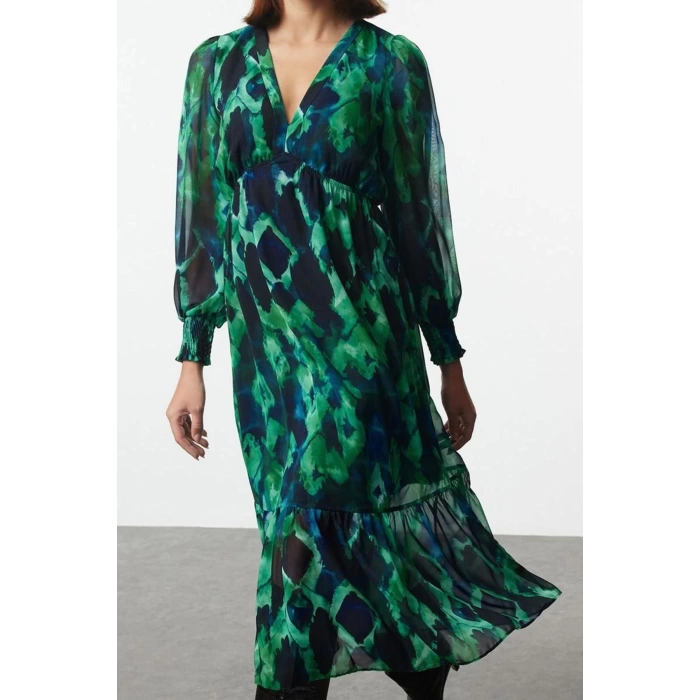 Women Fashion Stylish Midi Length V Neck Regular Abstract Patterned Waist Open Lined Chiffon Woven Dress