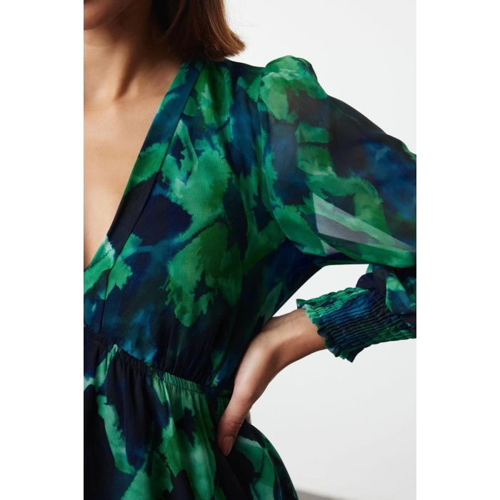 Women Fashion Stylish Midi Length V Neck Regular Abstract Patterned Waist Open Lined Chiffon Woven Dress