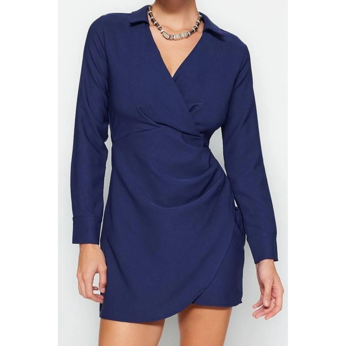 Kadın Moda Şık Mini Boy Kruvaze Regular Düz Dokuma Elbise