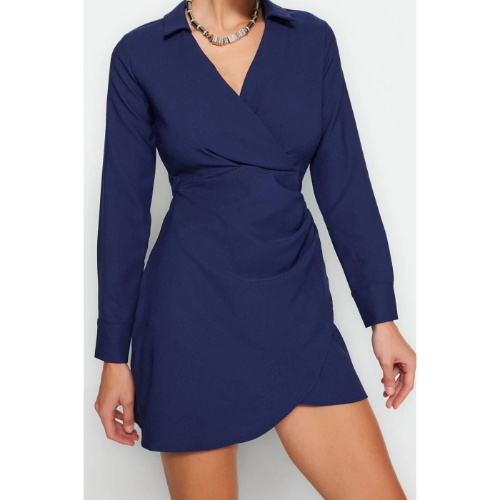 Kadın Moda Şık Mini Boy Kruvaze Regular Düz Dokuma Elbise