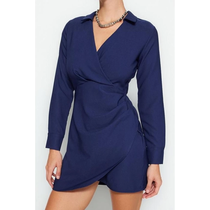 Kadın Moda Şık Mini Boy Kruvaze Regular Düz Dokuma Elbise