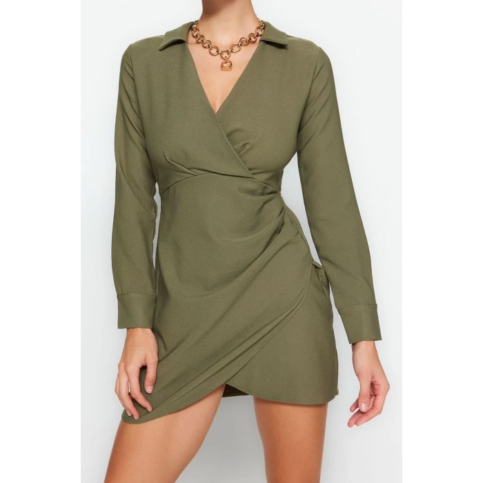 Kadın Moda Şık Mini Boy Kruvaze Regular Düz Dokuma Elbise