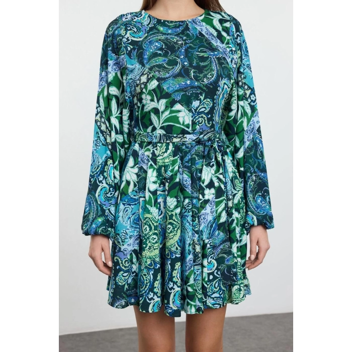 Women Fashion Stylish Mini Length Crew Neck Regular Belted Floral Woven Dress