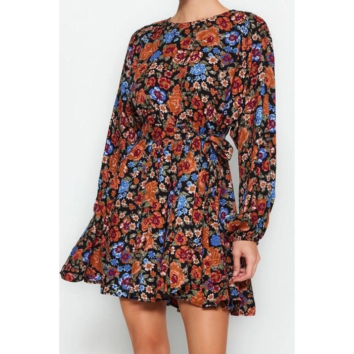 Women Fashion Stylish Mini Length Crew Neck Regular Belted Floral Woven Dress
