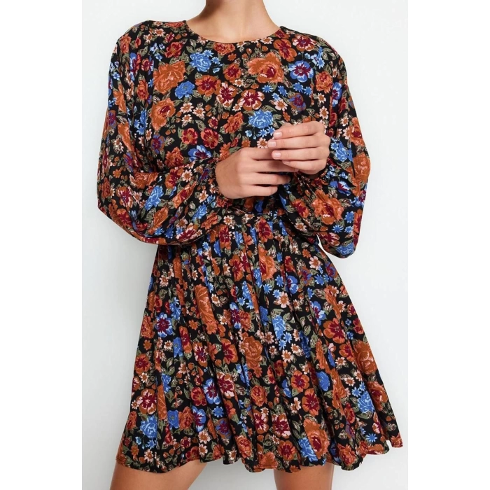 Women Fashion Stylish Mini Length Crew Neck Regular Belted Floral Woven Dress