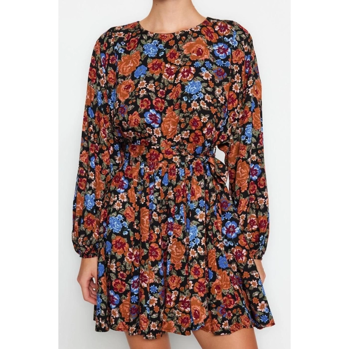 Women Fashion Stylish Mini Length Crew Neck Regular Belted Floral Woven Dress