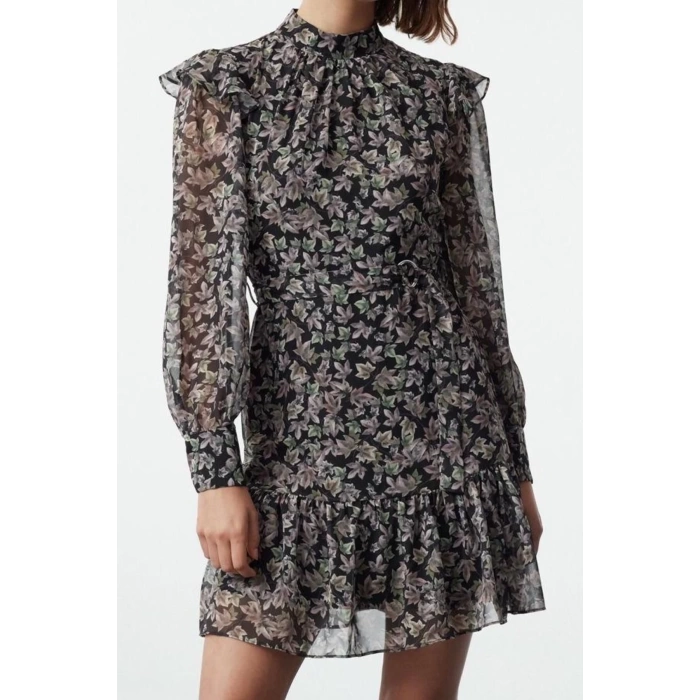 Kadın Moda Şık Mini Boy Dik Yaka Regular Geometrik Dokuma Kışlık Elbise