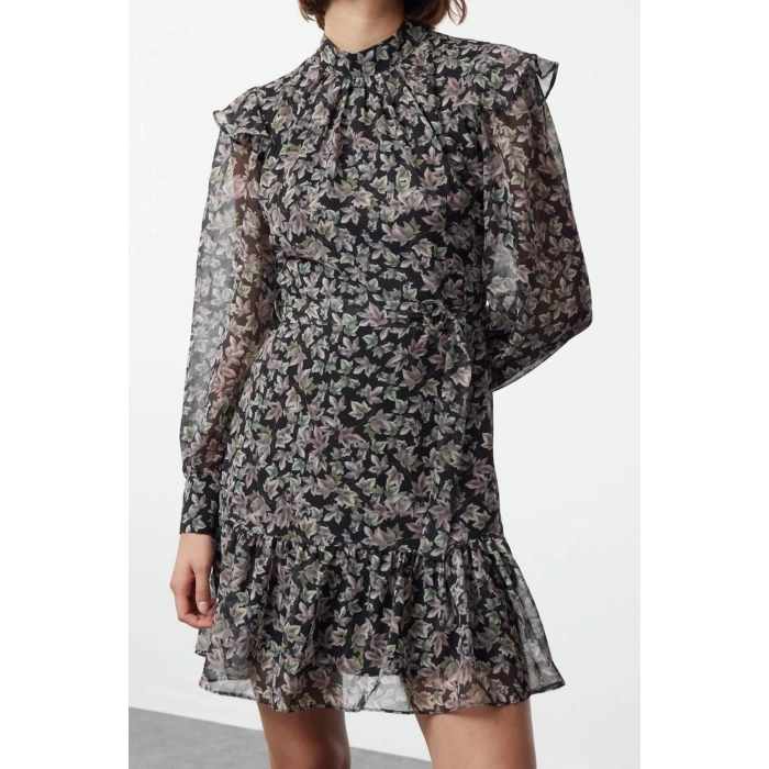 Kadın Moda Şık Mini Boy Dik Yaka Regular Geometrik Dokuma Kışlık Elbise
