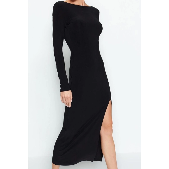 Kadın Moda Şık Maxi Boy Kayık Yaka Slim Düz Bodycone Sırt Baskılı Örme Elbise Vücuda Oturan Esnek