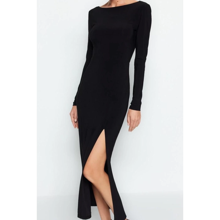 Kadın Moda Şık Maxi Boy Kayık Yaka Slim Düz Bodycone Sırt Baskılı Örme Elbise Vücuda Oturan Esnek