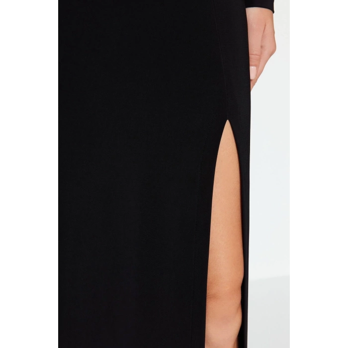 Kadın Moda Şık Maxi Boy Kayık Yaka Slim Düz Bodycone Sırt Baskılı Örme Elbise Vücuda Oturan Esnek