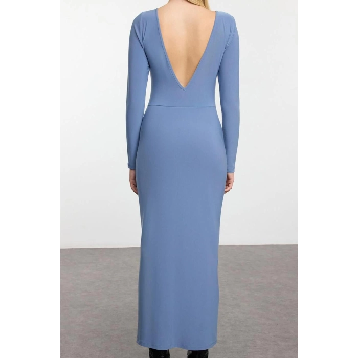Kadın Moda Şık Maxi Boy Kayık Yaka Slim Düz Bodycone Sırt Baskılı Örme Elbise Vücuda Oturan Esnek
