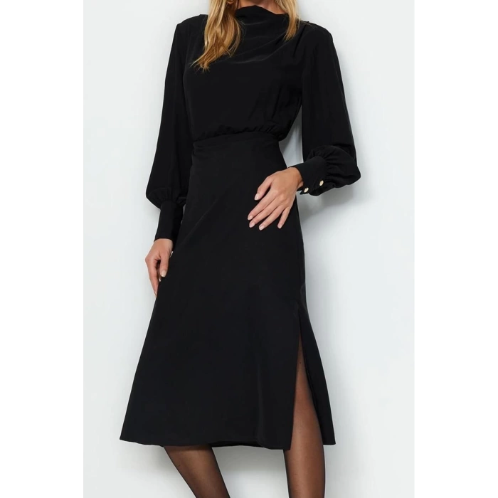Kadın Moda Şık Midi Boy Degaje Yaka Regular Düz Dokuma Elbise