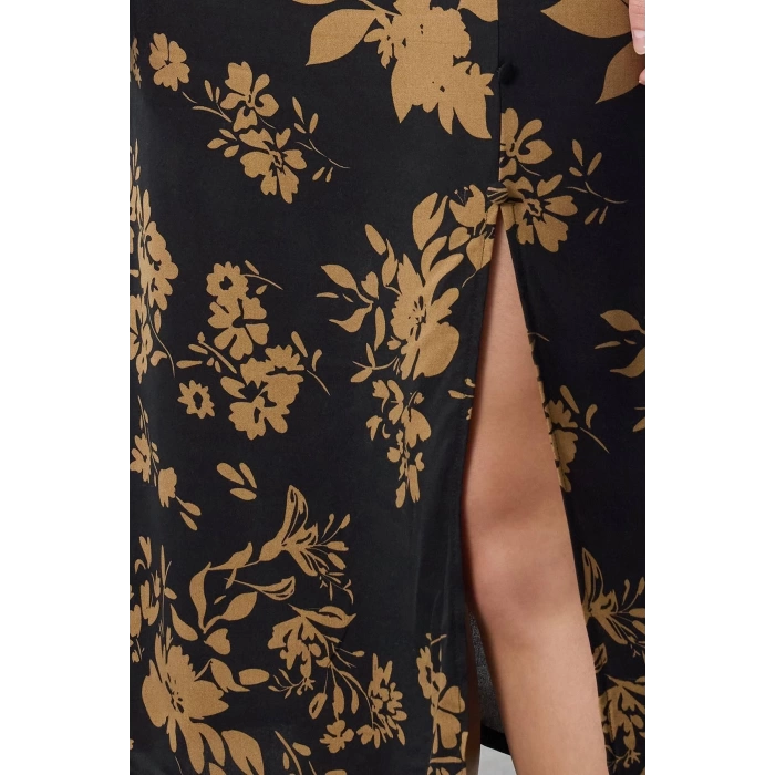 Kadın Moda Şık Midi Boy Kalp Yaka Regular Çiçek Desenli Dokuma Elbise