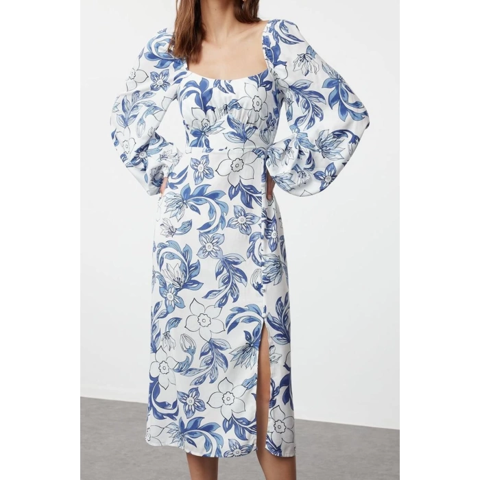 Kadın Moda Şık Midi Boy Kalp Yaka Regular Çiçek Desenli Dokuma Elbise