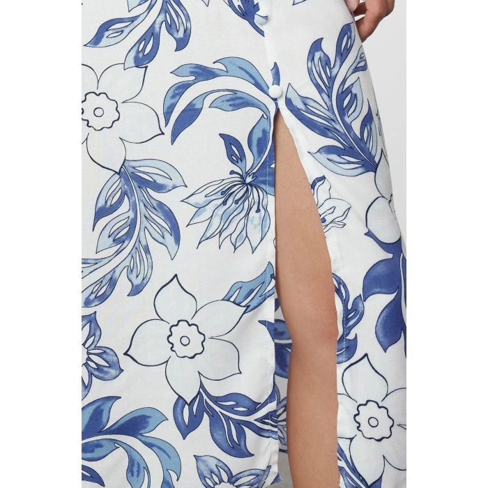 Kadın Moda Şık Midi Boy Kalp Yaka Regular Çiçek Desenli Dokuma Elbise