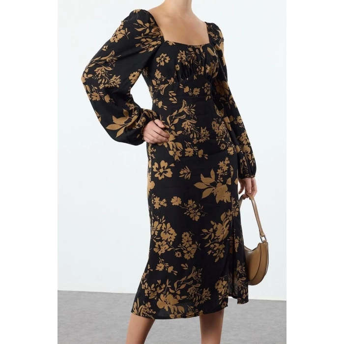 Kadın Moda Şık Midi Boy Kalp Yaka Regular Çiçek Desenli Dokuma Elbise