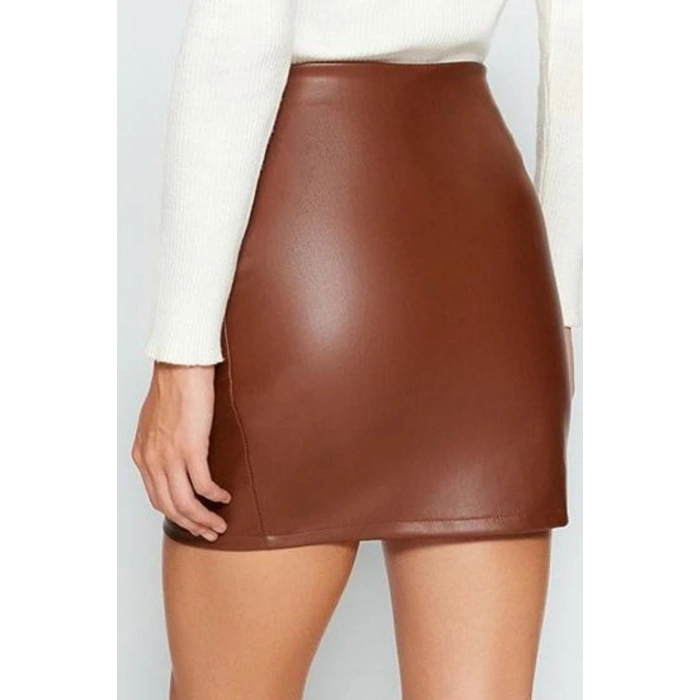 Women Fashion Style Mini Unlined Knitted Inner Raised Faux Leather Draped High Waist Bodycon Skirt