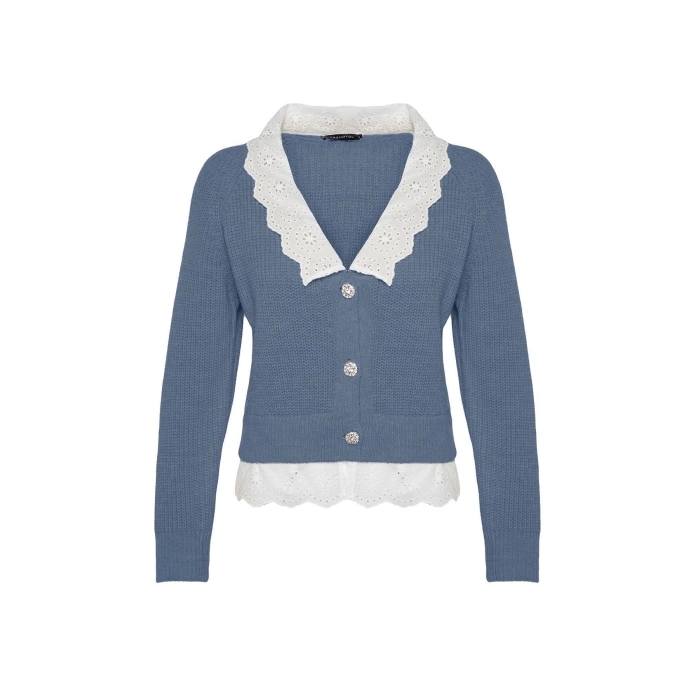 Kadın Moda Şık V Yaka Reglan Kol Regular Crop Dokuma Garni Detaylı Triko Hırka