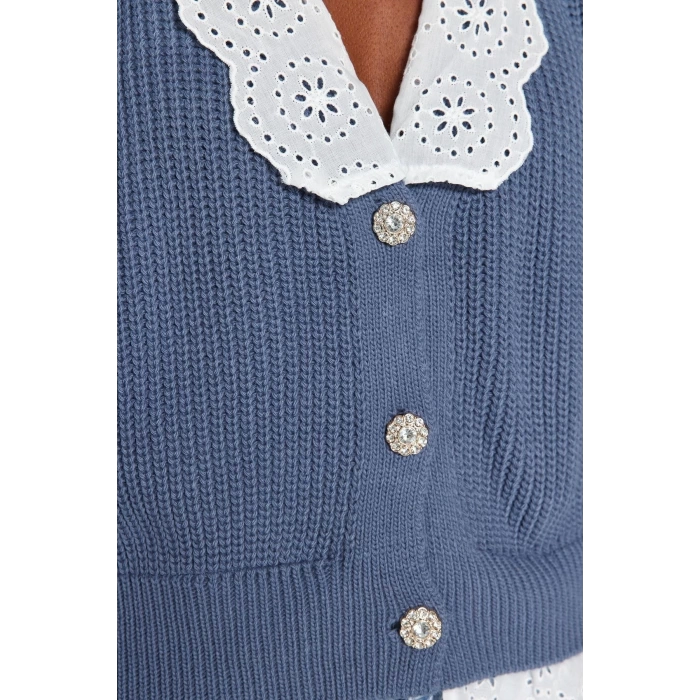 Kadın Moda Şık V Yaka Reglan Kol Regular Crop Dokuma Garni Detaylı Triko Hırka