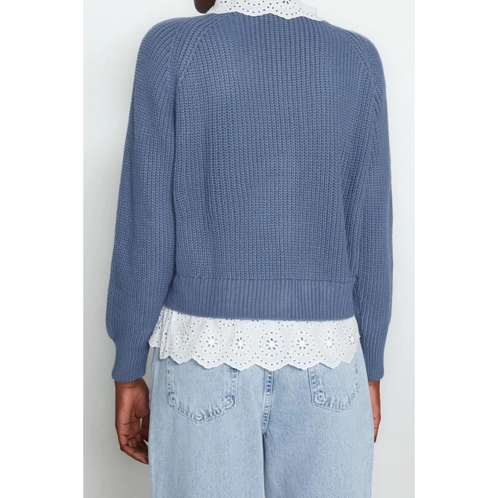 Kadın Moda Şık V Yaka Reglan Kol Regular Crop Dokuma Garni Detaylı Triko Hırka