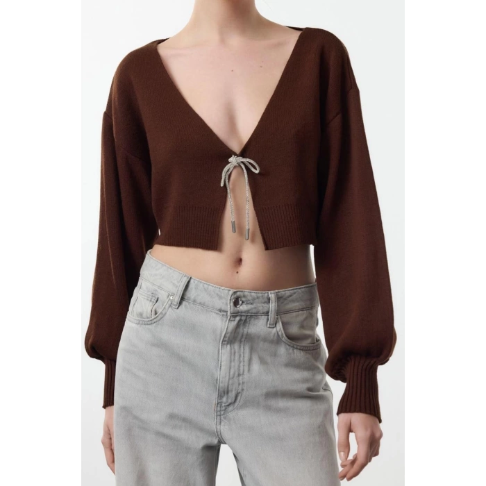Kadın Moda Şık V Yaka Düşük Kol Crop Süper Basic Fiyonklu Triko Hırka