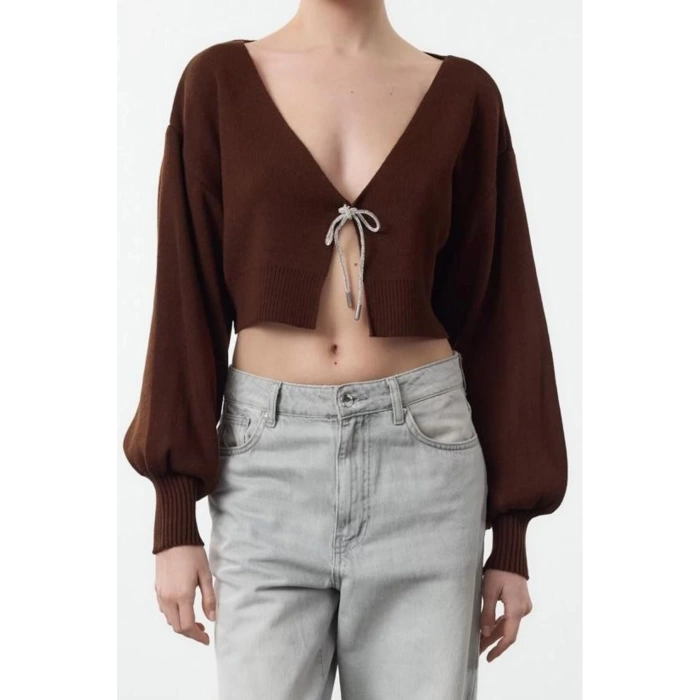 Kadın Moda Şık V Yaka Düşük Kol Crop Süper Basic Fiyonklu Triko Hırka