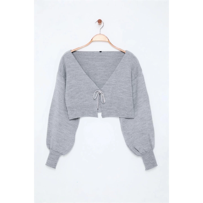 Kadın Moda Şık V Yaka Düşük Kol Crop Süper Basic Fiyonklu Triko Hırka