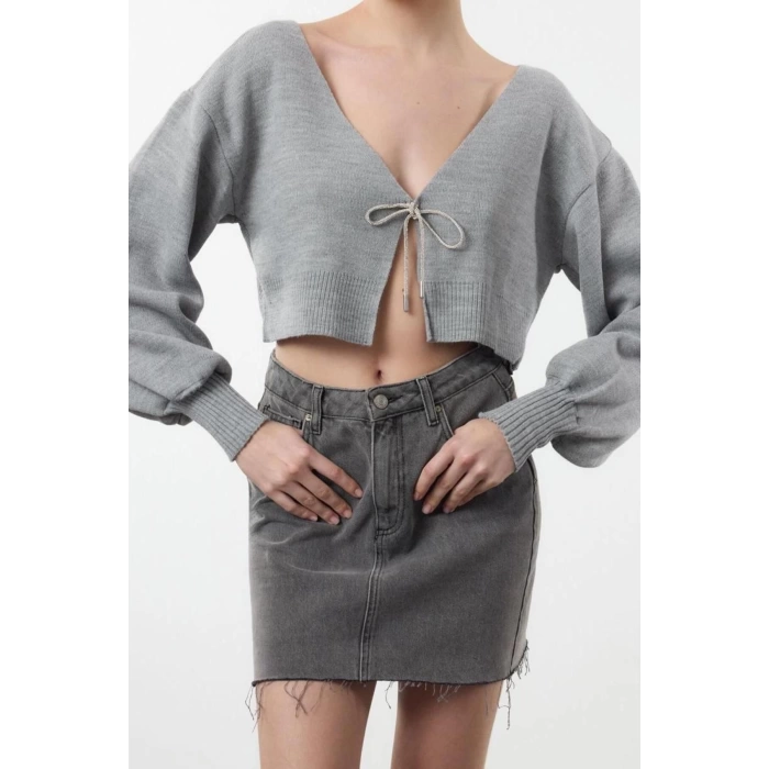 Kadın Moda Şık V Yaka Düşük Kol Crop Süper Basic Fiyonklu Triko Hırka