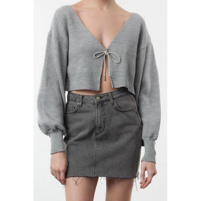 Kadın Moda Şık V Yaka Düşük Kol Crop Süper Basic Fiyonklu Triko Hırka